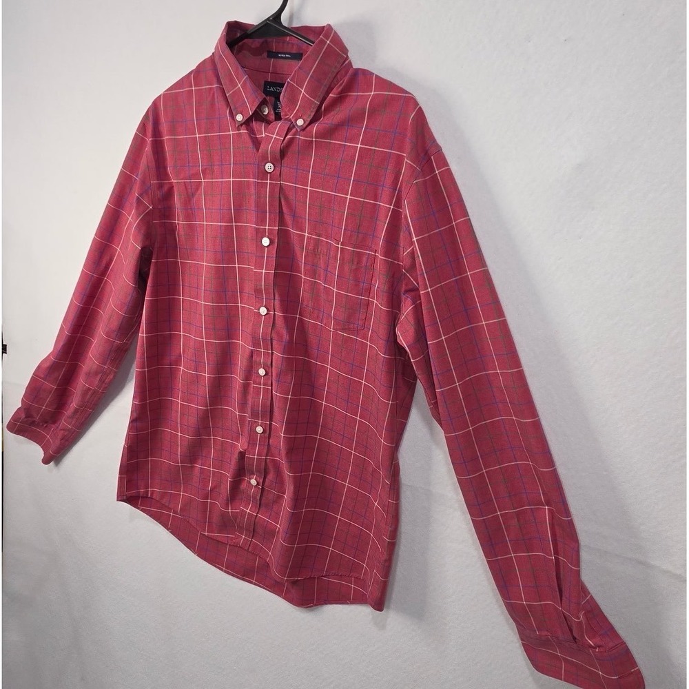Lands End Mens Slim Fit No Iron Twill Plaid Button Down Shirt Red Large 16-16.5 - Picture 4 of 8